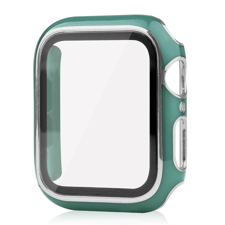 For Apple Watch Series 9 / 8 / 7 41mm Silicone Watch Band with Hard PC Electroplating Watch Case Built-in Tempered Glass Screen Protector - Blackish Green  /  Silver