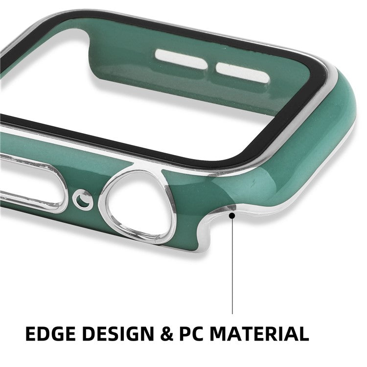 For Apple Watch Series 9 / 8 / 7 41mm Silicone Watch Band with Hard PC Electroplating Watch Case Built-in Tempered Glass Screen Protector - Blackish Green  /  Silver