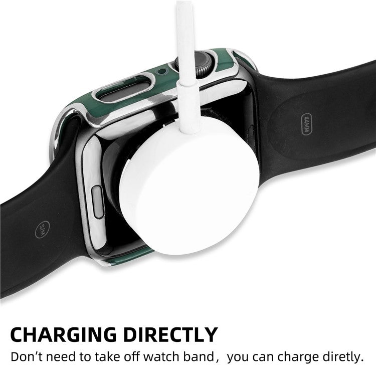 For Apple Watch Series 9 / 8 / 7 41mm Silicone Watch Band with Hard PC Electroplating Watch Case Built-in Tempered Glass Screen Protector - Blackish Green  /  Silver