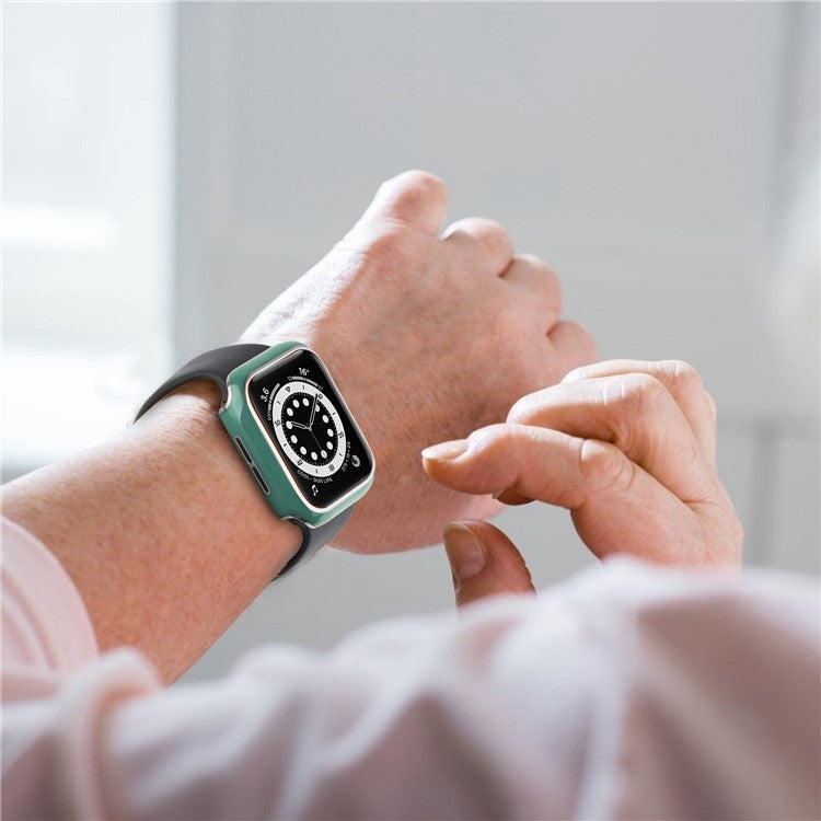 For Apple Watch Series 9 / 8 / 7 41mm Silicone Watch Band with Hard PC Electroplating Watch Case Built-in Tempered Glass Screen Protector - Blackish Green  /  Silver