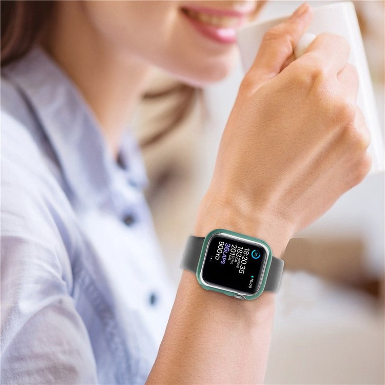 For Apple Watch Series 9 / 8 / 7 41mm Silicone Watch Band with Hard PC Electroplating Watch Case Built-in Tempered Glass Screen Protector - Blackish Green  /  Silver
