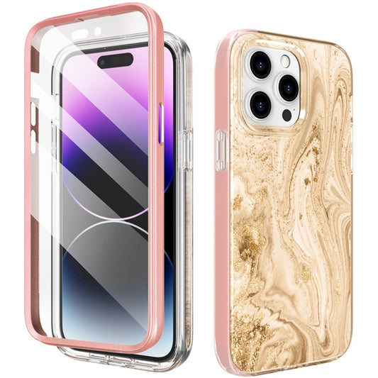 AHASTYLE WE13 For iPhone 14 Pro Max Case Pattern IMD PC+TPU Phone Cover Built-In Screen Protector - Burgundy