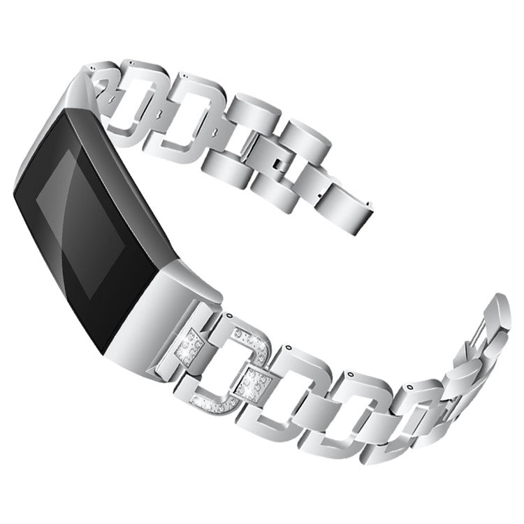 For Fitbit Charge 4/3 D Shape Rhinestone Decor Metal Alloy Band Smart Watch Strap Replacement - Silver