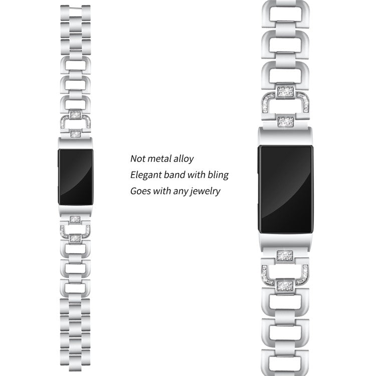 For Fitbit Charge 4/3 D Shape Rhinestone Decor Metal Alloy Band Smart Watch Strap Replacement - Silver