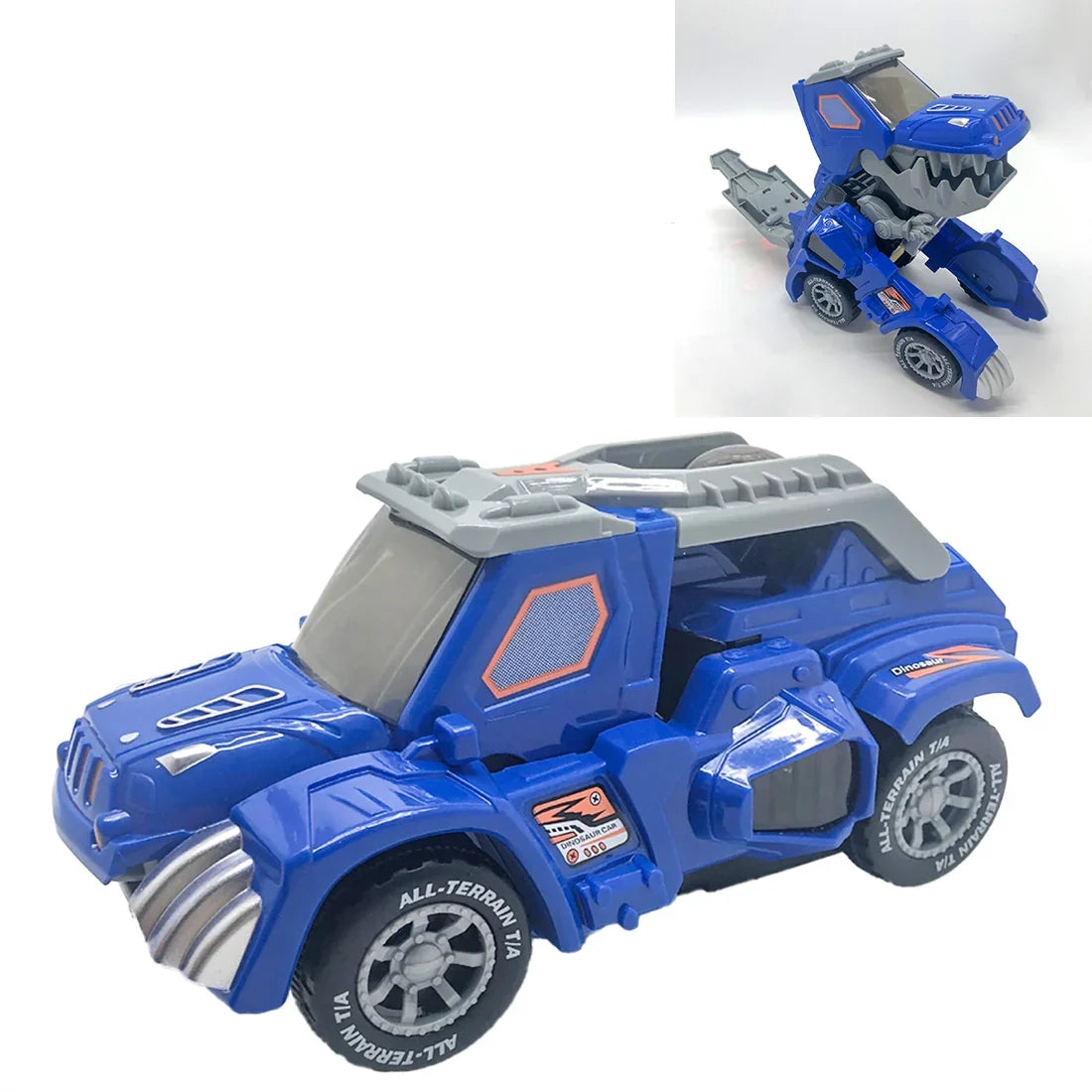 Blue transforming dinosaur toy car, shown as vehicle and dino robot mode, kids toy
