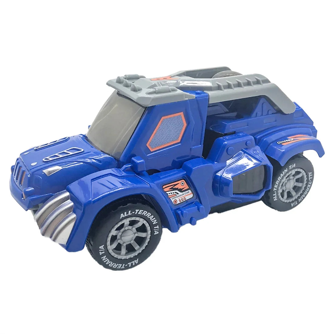 Blue plastic toy all-terrain truck with rugged wheels and gray roof details.