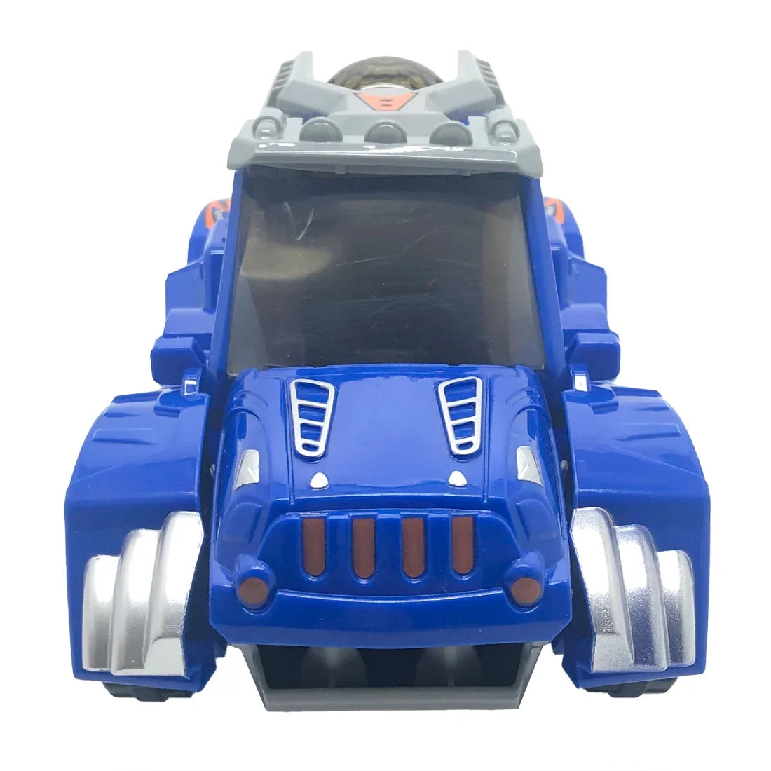 Blue toy car with silver accents, rugged design, and tinted windshield, front view