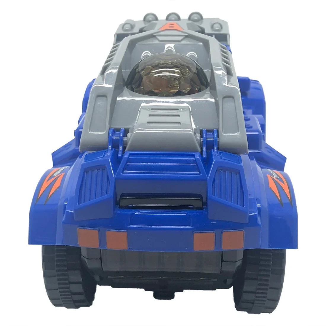 Blue and gray toy armored vehicle with orange accents, front view, large rubber wheels