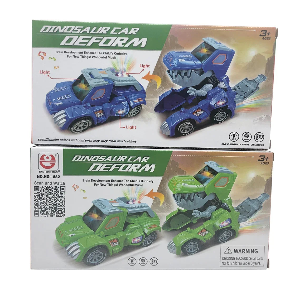 Dinosaur car deforming toy in blue and green, transforms from truck to dinosaur, for ages 3+