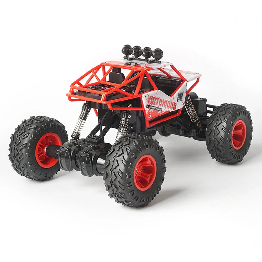 Red and black remote control off-road car with large tires on white background