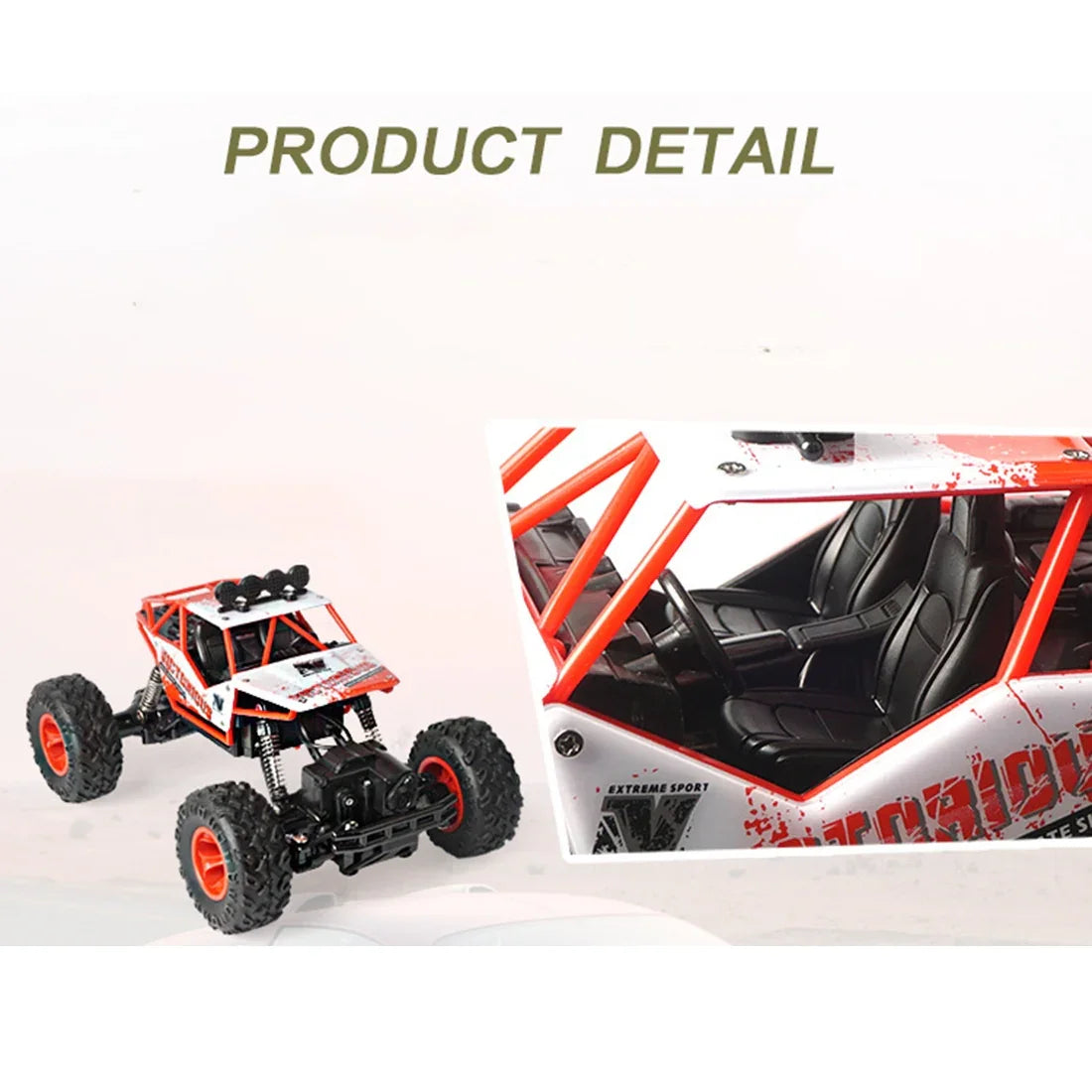 Red and white remote control off-road truck with large tires and detailed interior seats