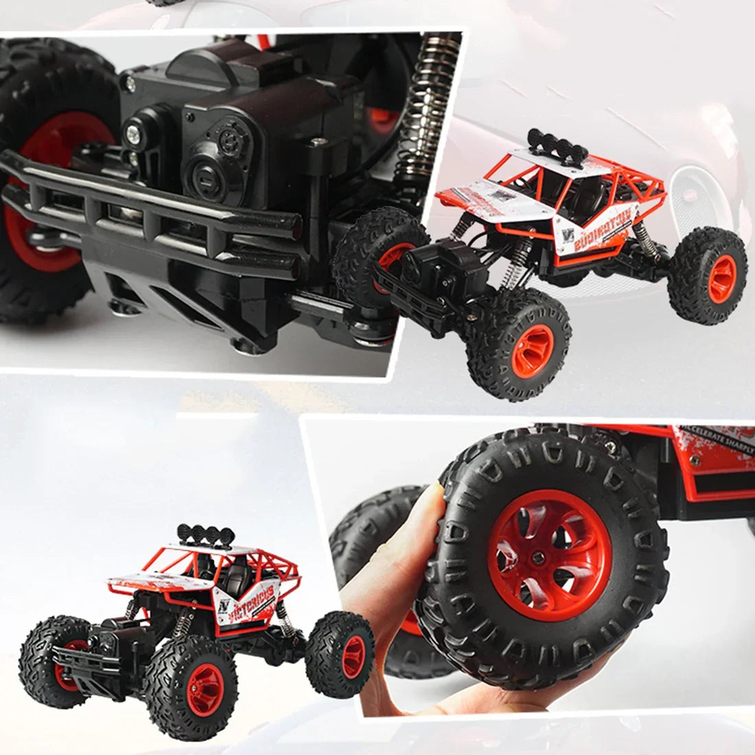 Red and black remote control off-road car with large rugged tires and metal frame