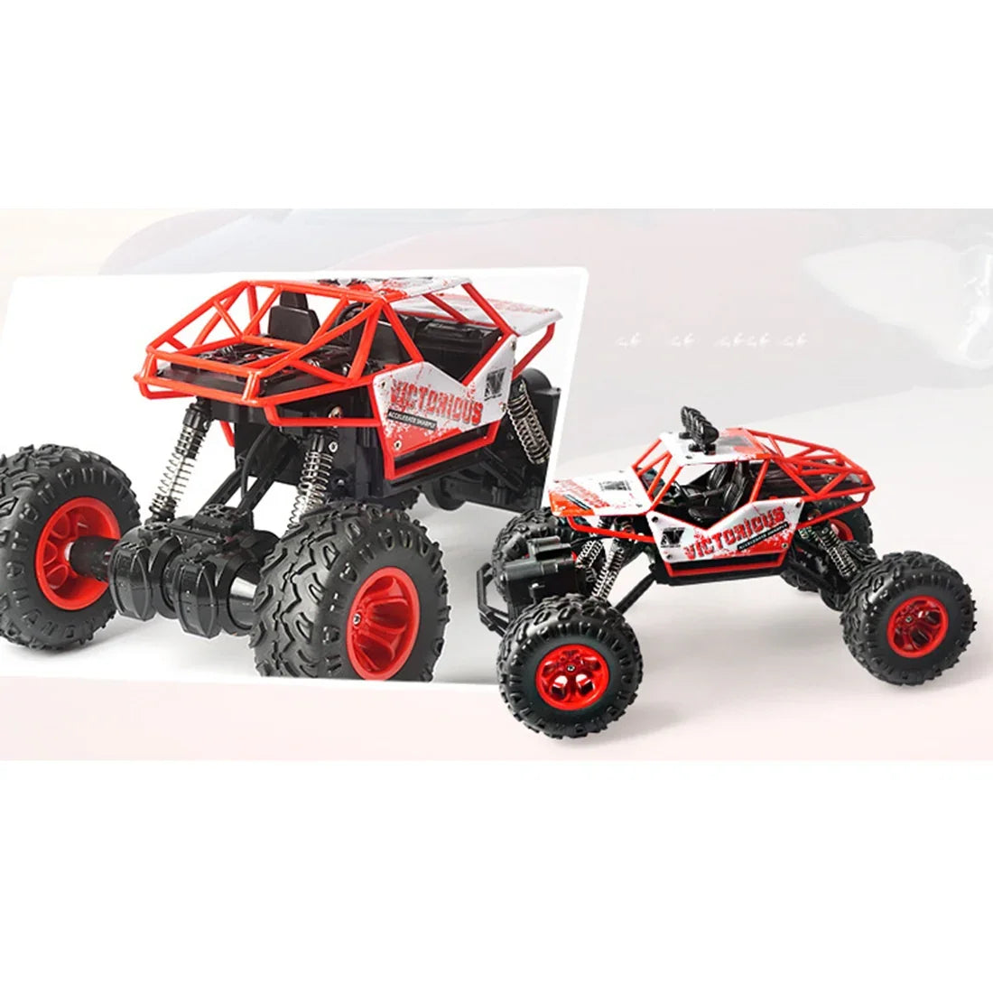 Red and black RC off-road cars with large tires and rugged frames on white background