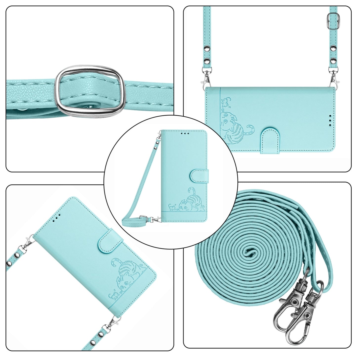 For Xiaomi POCO F6 5G Cat Rat Embossed Pattern RFID Leather Phone Case with Lanyard(Mint Green)