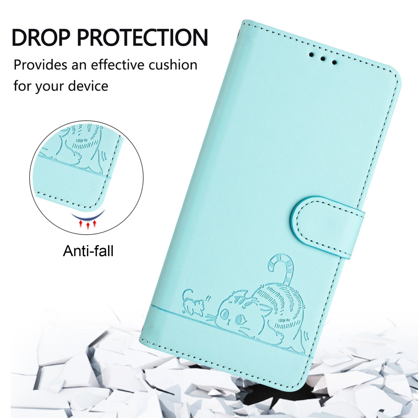 For Xiaomi POCO F6 5G Cat Rat Embossed Pattern RFID Leather Phone Case with Lanyard(Mint Green)