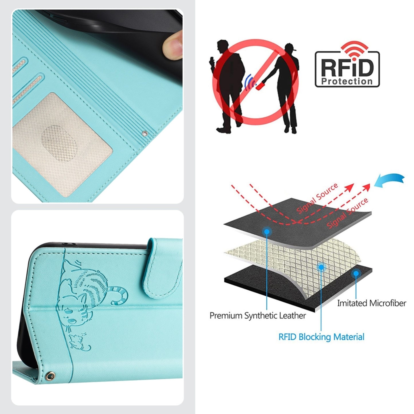 For Xiaomi POCO F6 5G Cat Rat Embossed Pattern RFID Leather Phone Case with Lanyard(Mint Green)