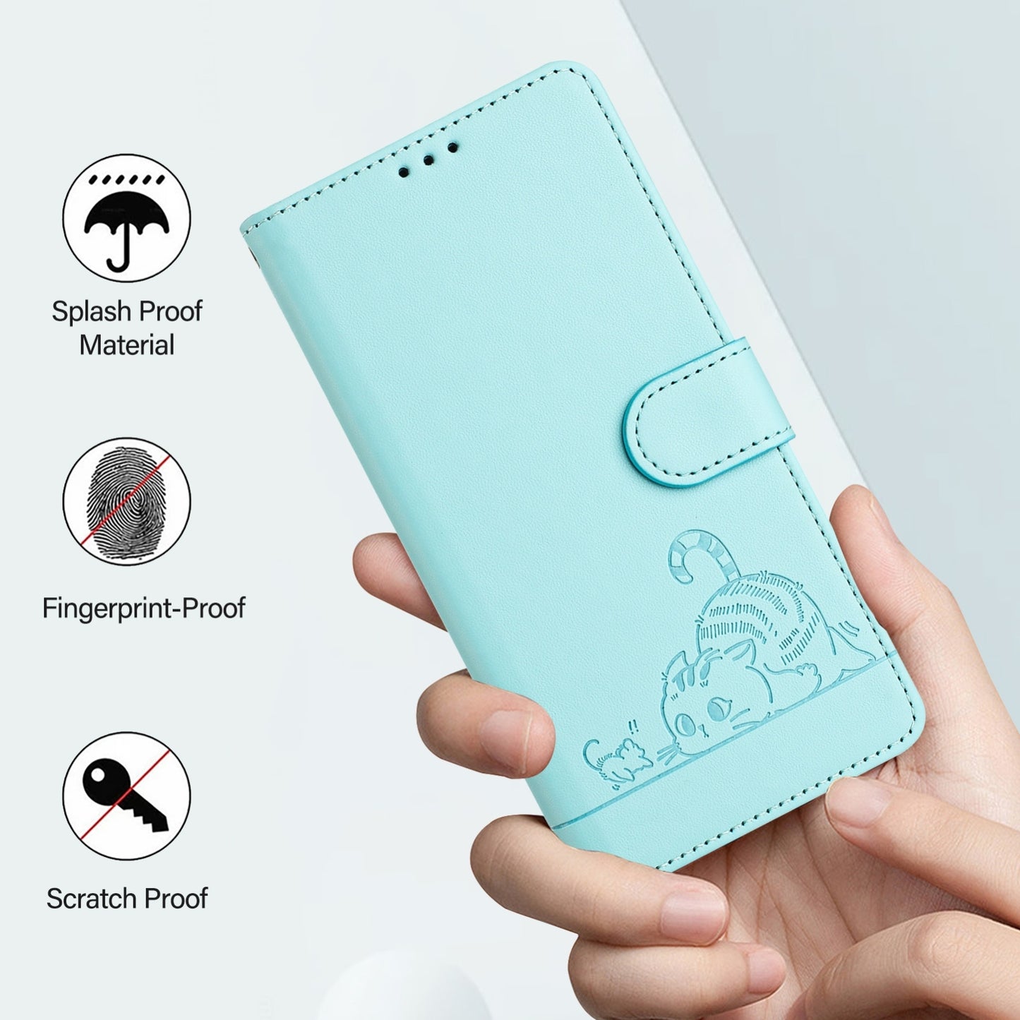 For Xiaomi POCO F6 5G Cat Rat Embossed Pattern RFID Leather Phone Case with Lanyard(Mint Green)