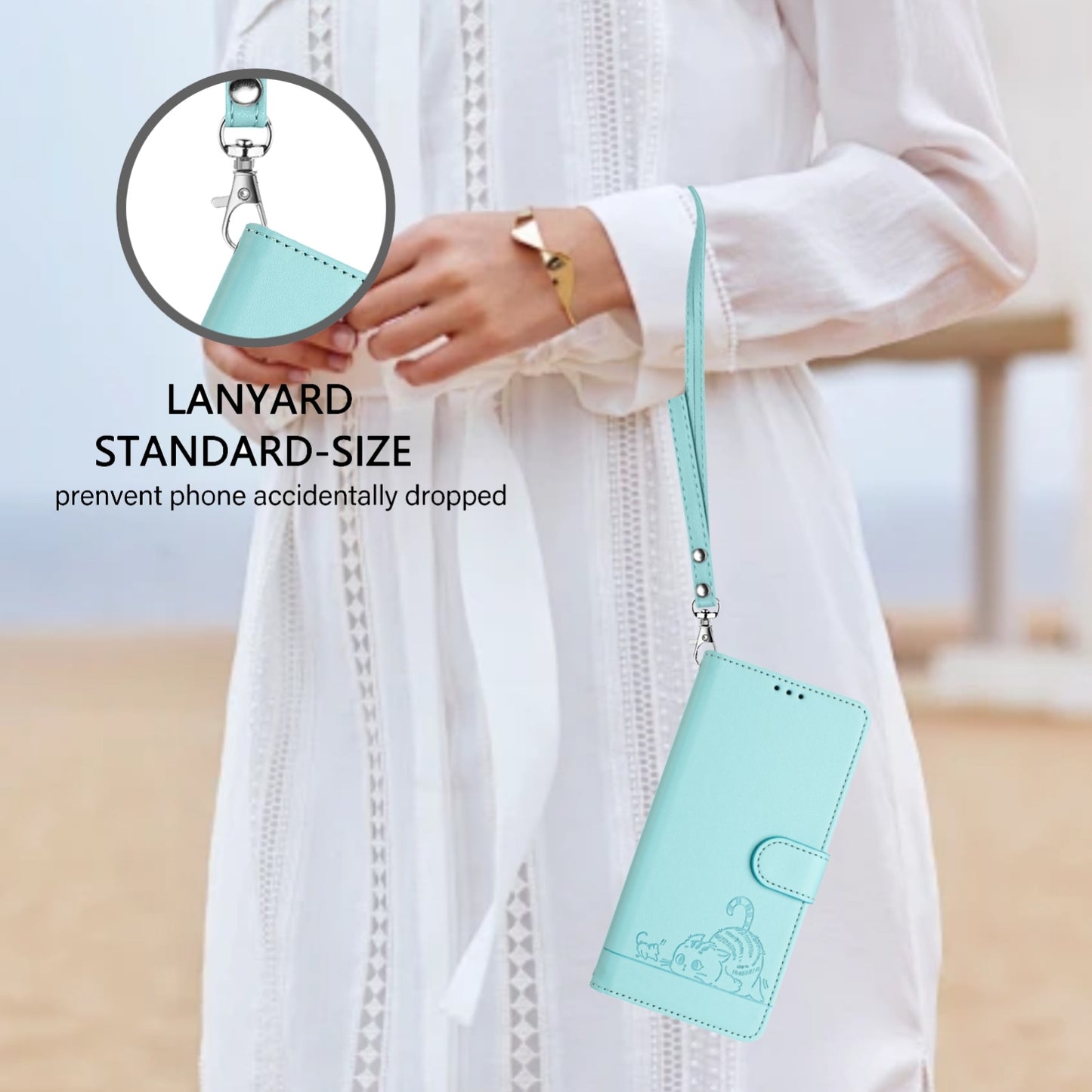 For Xiaomi POCO F6 5G Cat Rat Embossed Pattern RFID Leather Phone Case with Lanyard(Mint Green)