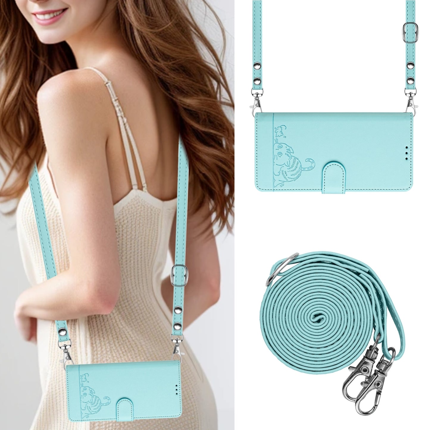For Xiaomi POCO F6 5G Cat Rat Embossed Pattern RFID Leather Phone Case with Lanyard(Mint Green)