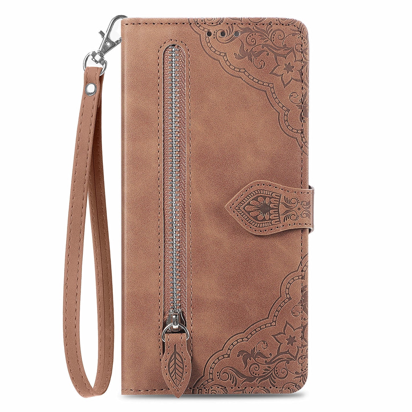 For Xiaomi Poco M6 Pro 4G Embossed Flower Zipper Leather Phone Case(Brown)