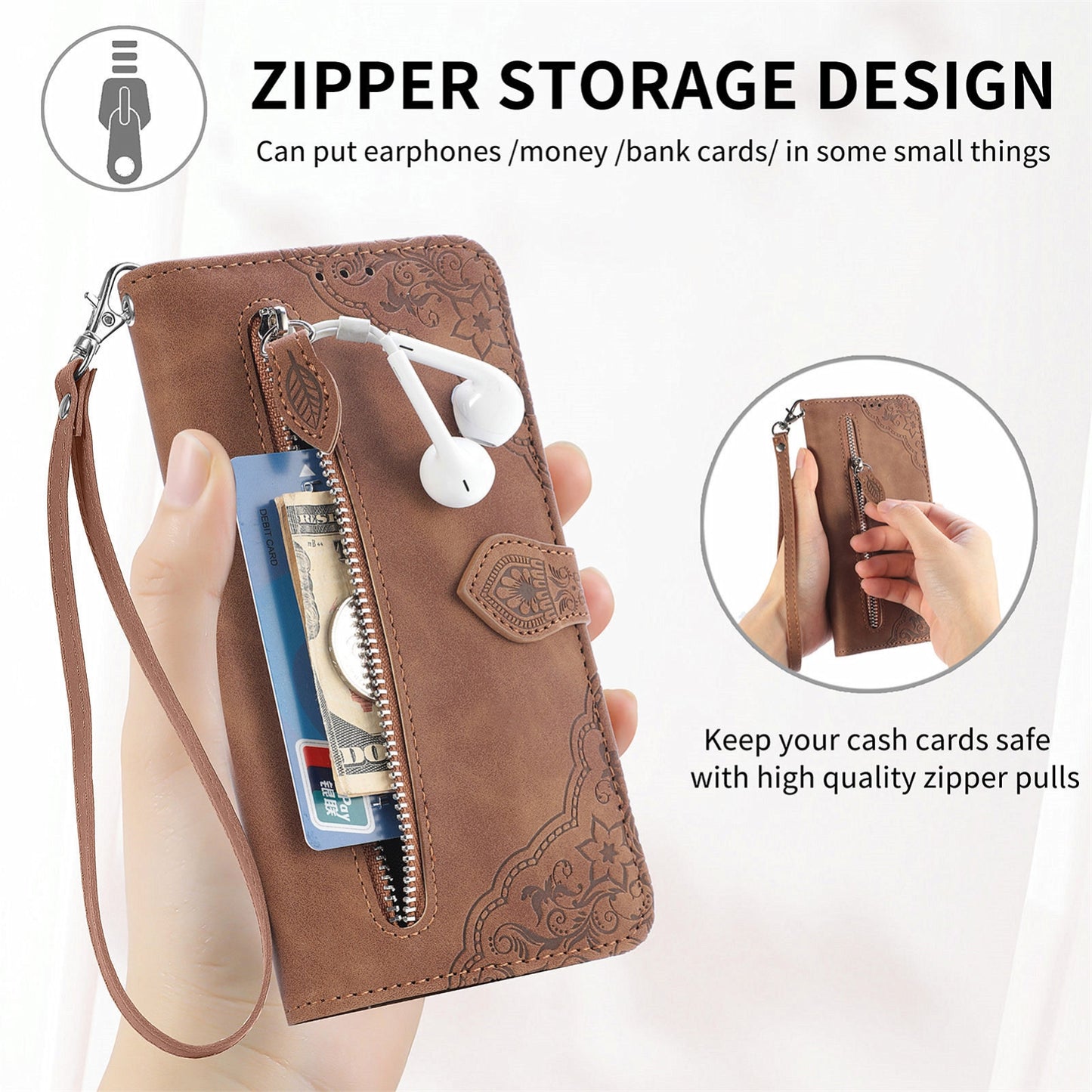 For Xiaomi Poco M6 Pro 4G Embossed Flower Zipper Leather Phone Case(Brown)