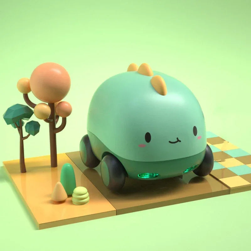 Cute dinosaur robot toy on wheels with pastel trees and checkerboard tiles, mint green theme
